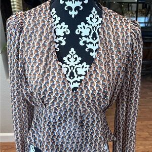 Orange/peach, ivory, blue Fitted & flowey Long Sleeve Blouse with deep V Collar